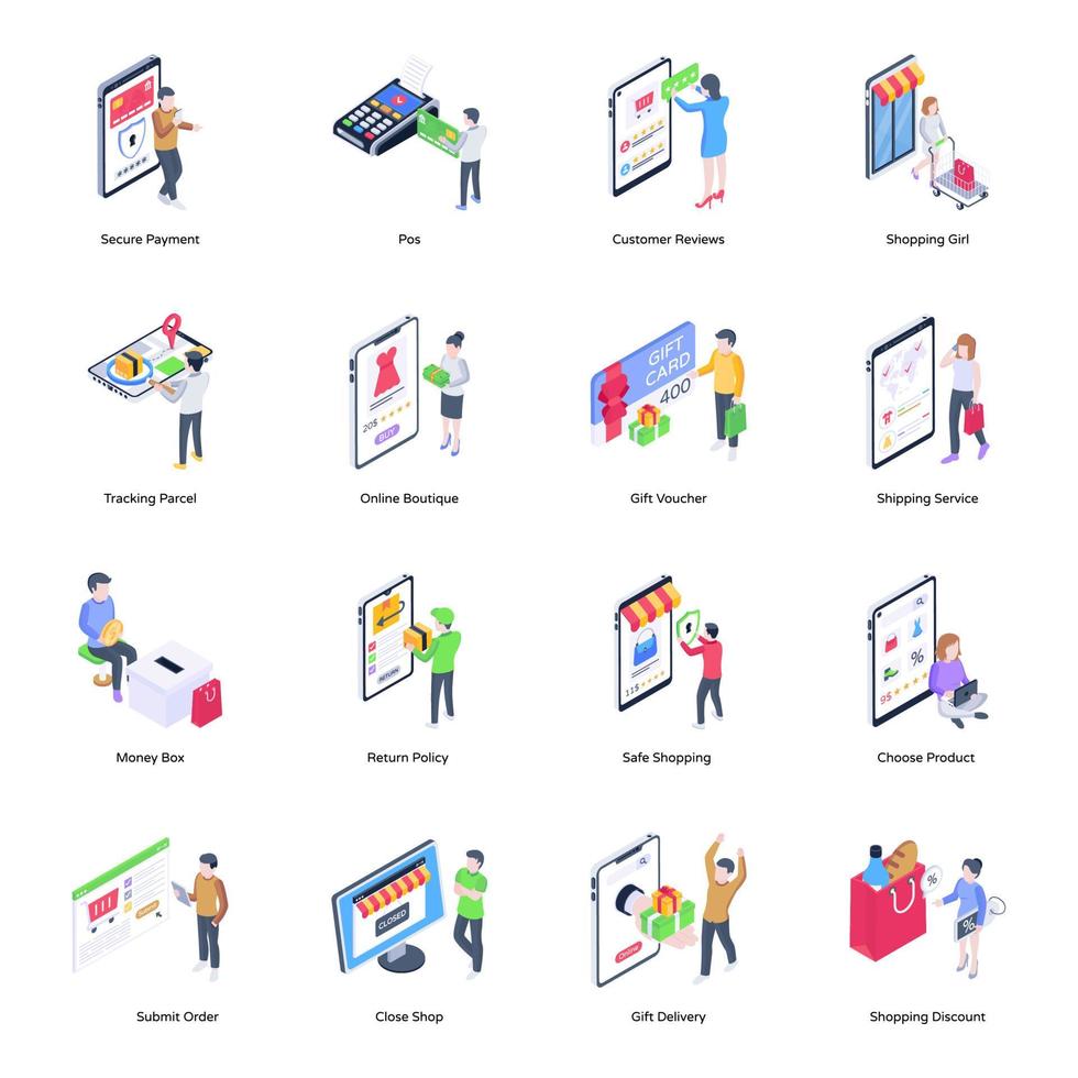 Collection of Shopping and Commerce Isometric Illustrations vector