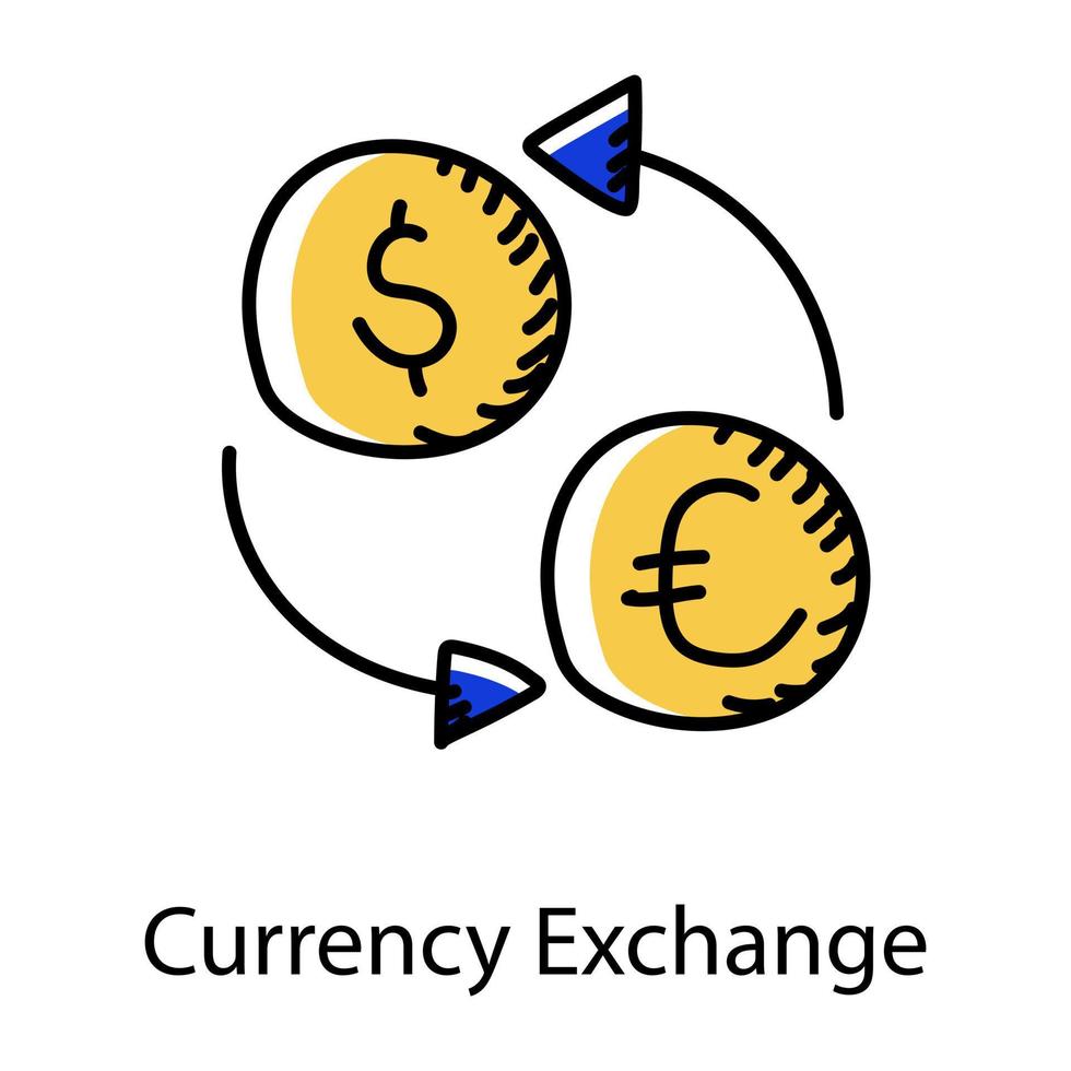 Currency exchange in doodle style icon, conversion of money vector