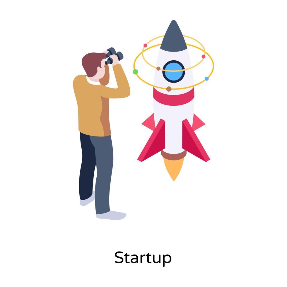 Man with rocket denoting concept of startup isometric illustration vector