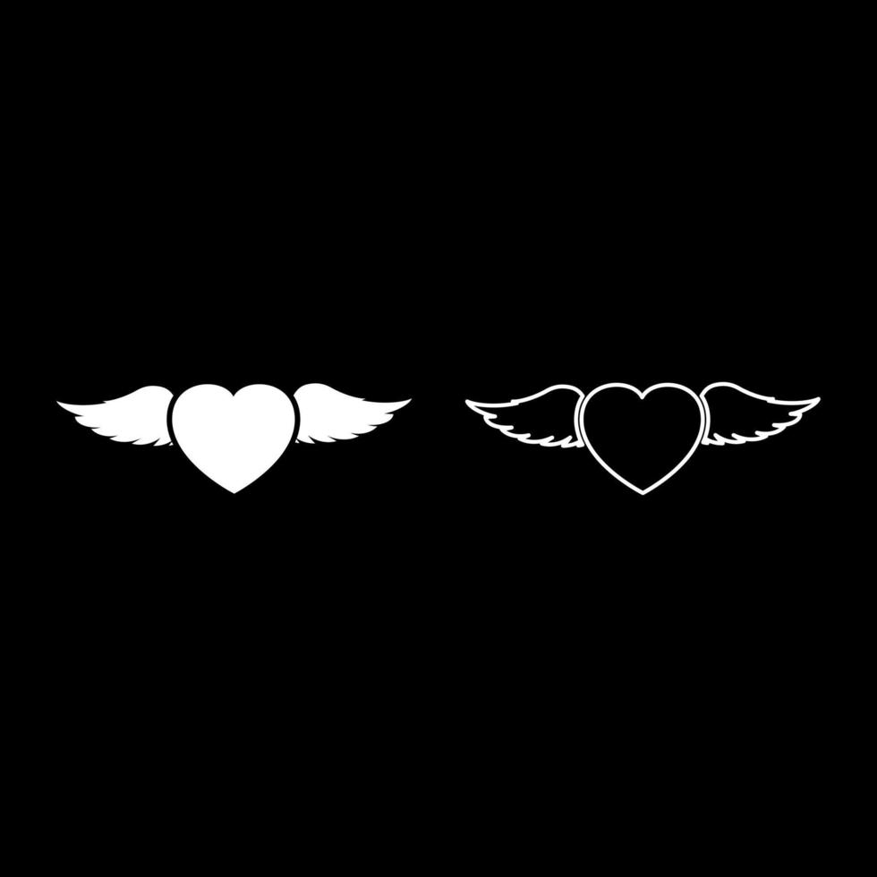 Heart with wing set icon white color vector illustration image solid fill outline contour line thin flat style