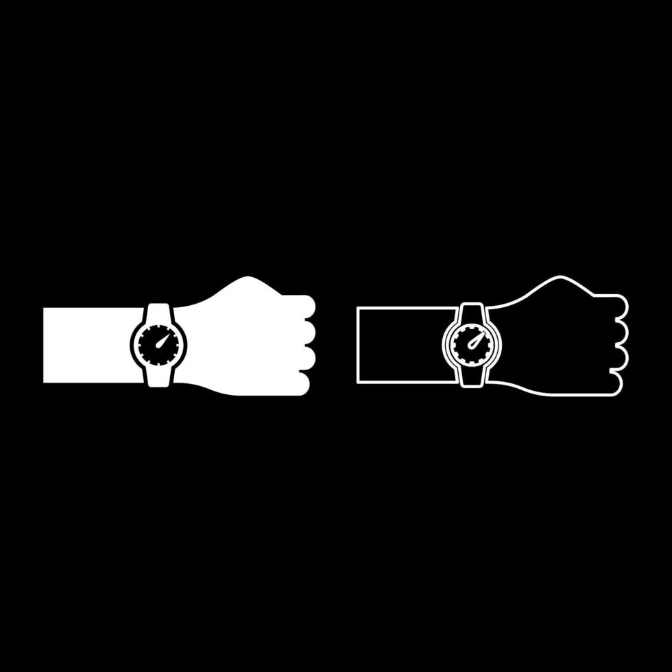 Wristwatch on hand Time on watch hand set icon white color vector illustration image solid fill outline contour line thin flat style