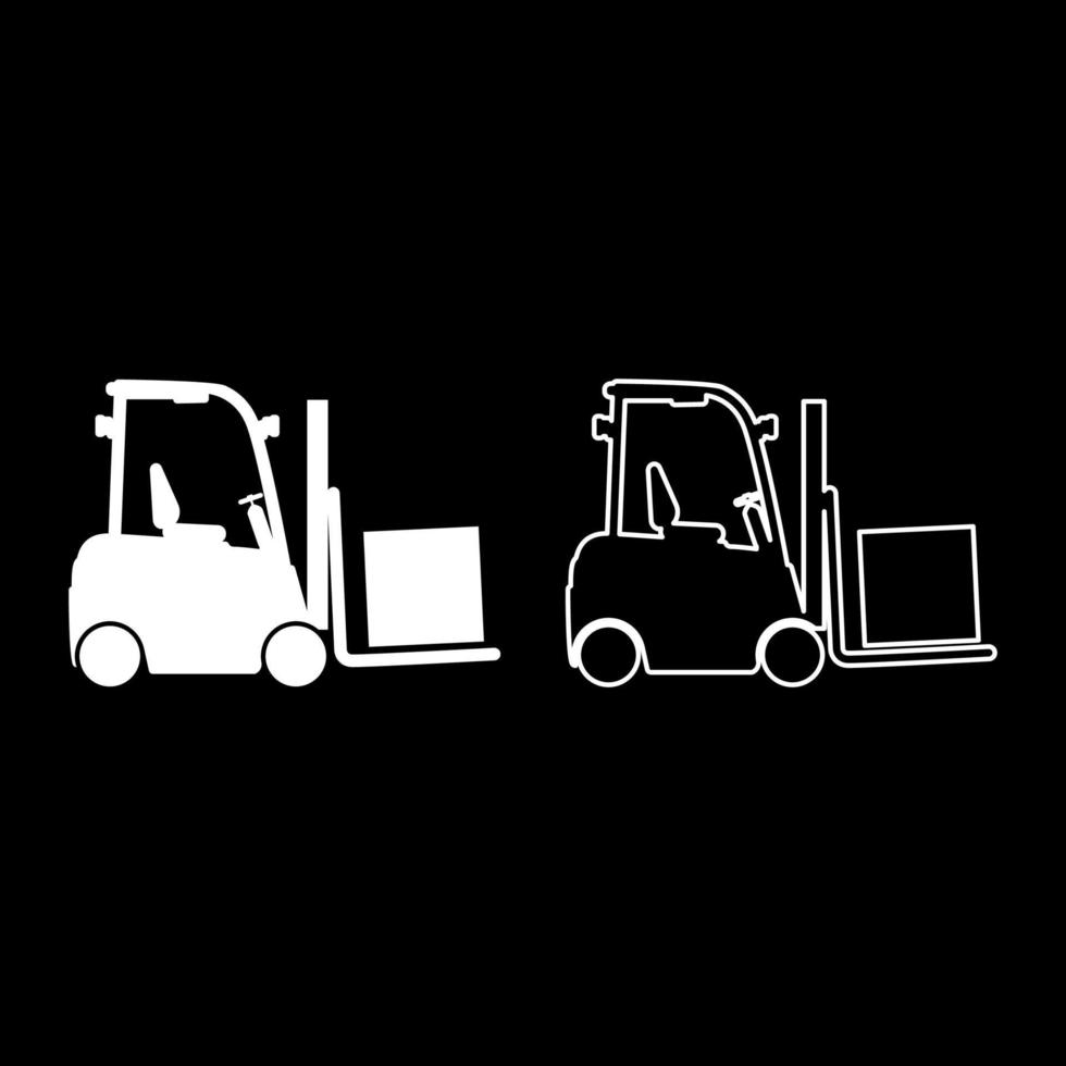 Cargo loading machine forklift truck for lifting box goods in warehouse fork lift loader freight set icon white color vector illustration image solid fill outline contour line thin flat style