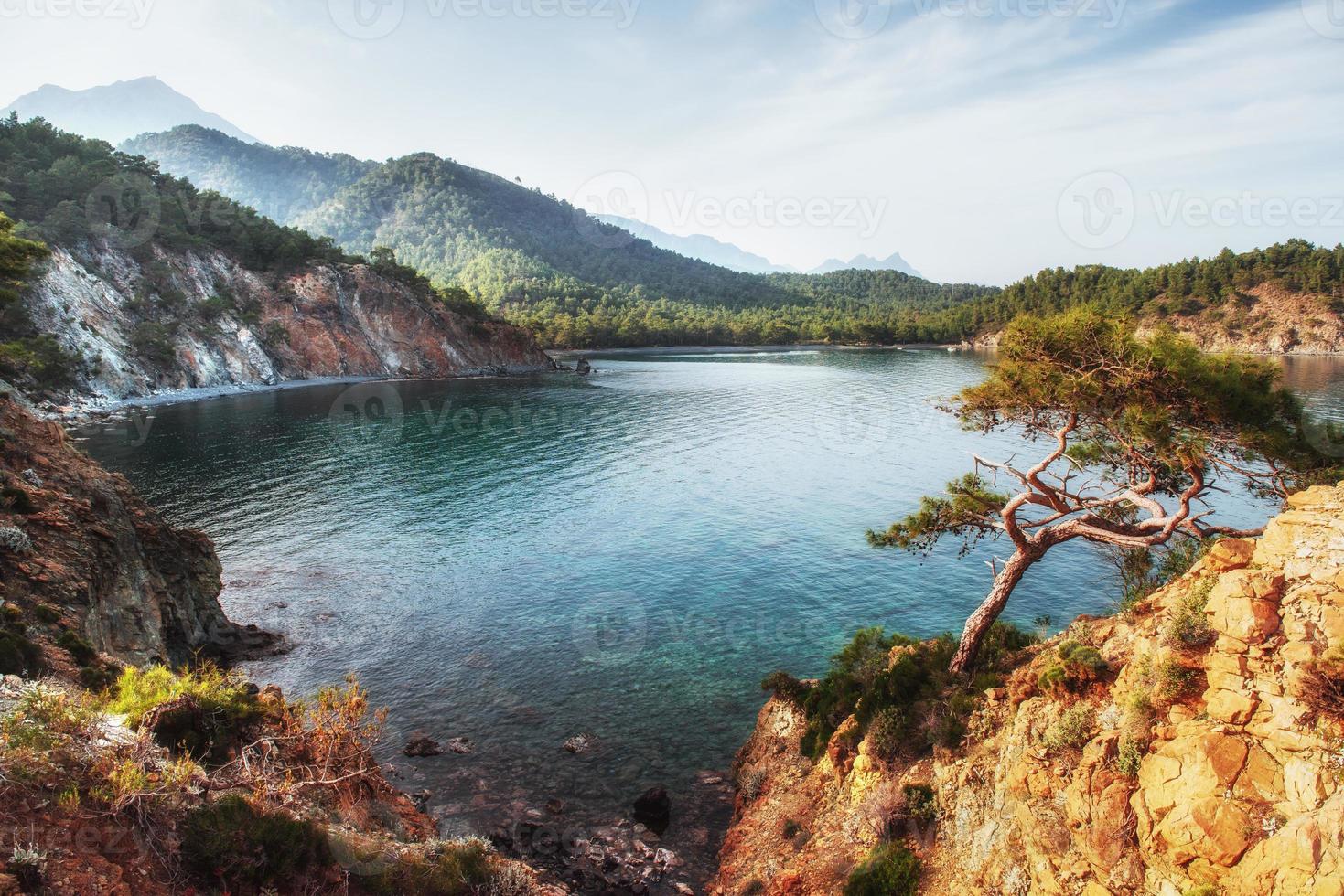 blue sea wave of mediterranean  on turkish coast in the eveni photo