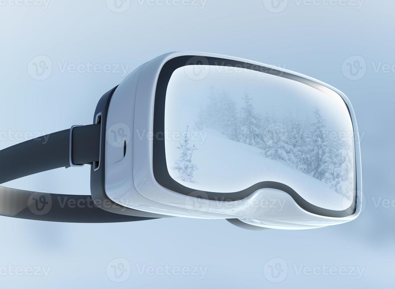 Virtual reality headset, double exposure. Mysterious winter landscape majestic mountains in the . photo