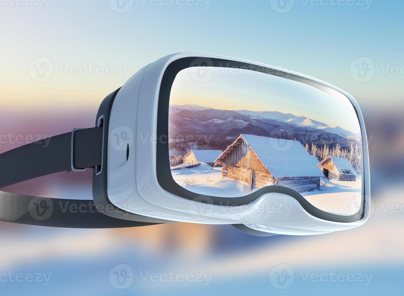 Virtual reality headset, double exposure, Winter mountains majestic landscape photo