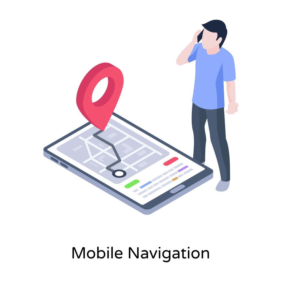 Finding online destination, isometric illustration of mobile navigation vector