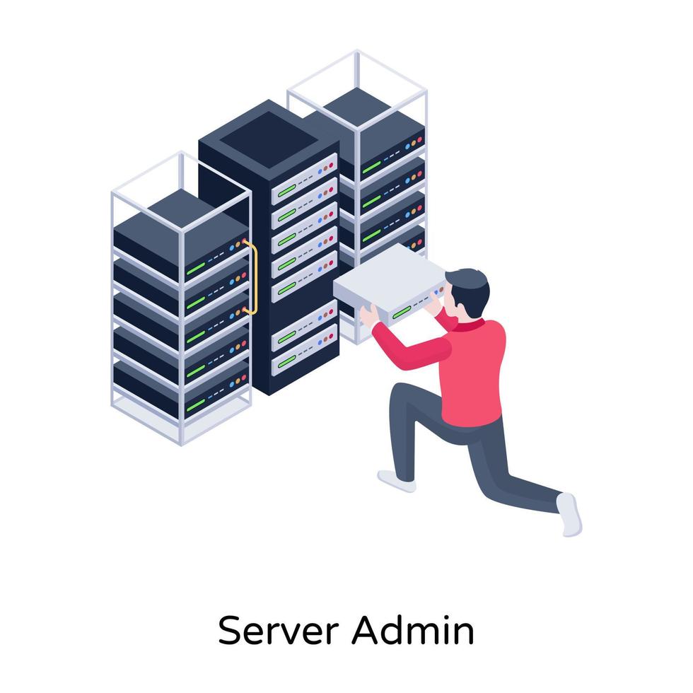 Person with data centers, isometric icon of server admin vector