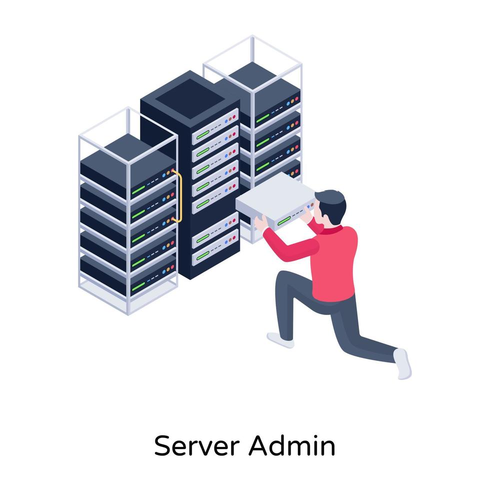 persona con centros de datos, icono isométrico del administrador del servidor vector