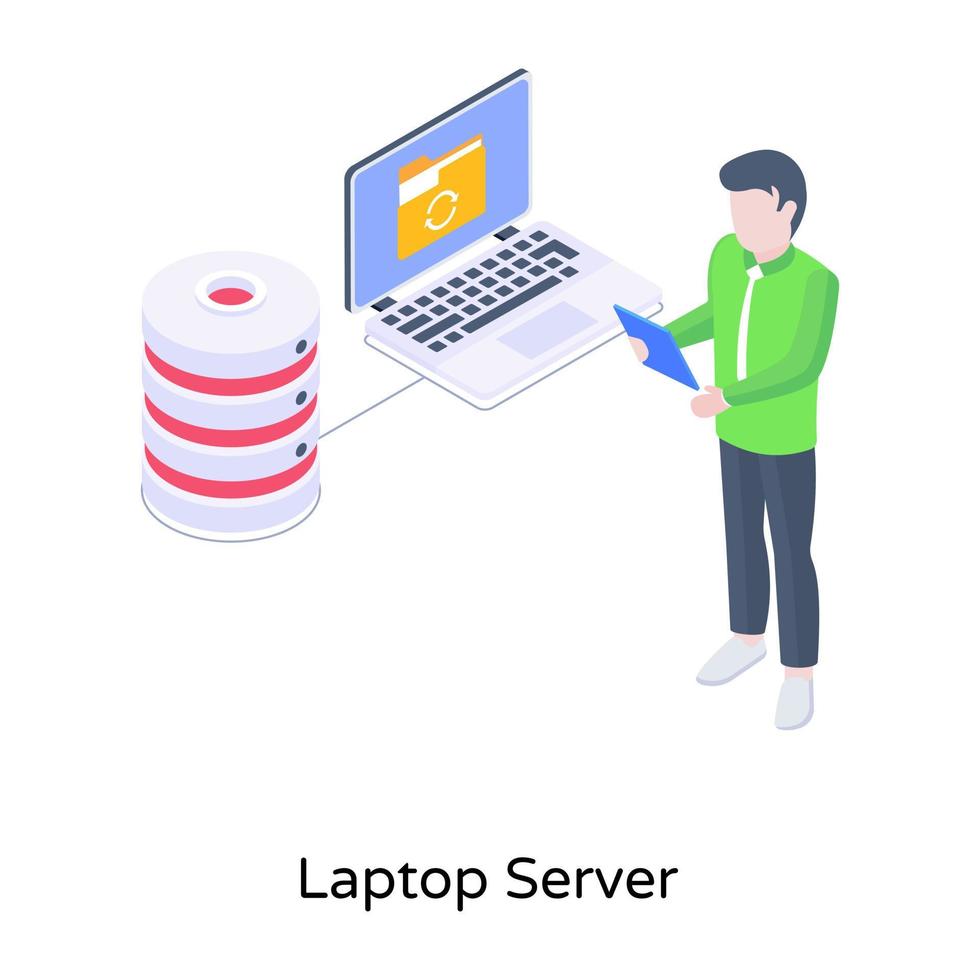 Database connected with device, isometric icon of laptop server vector