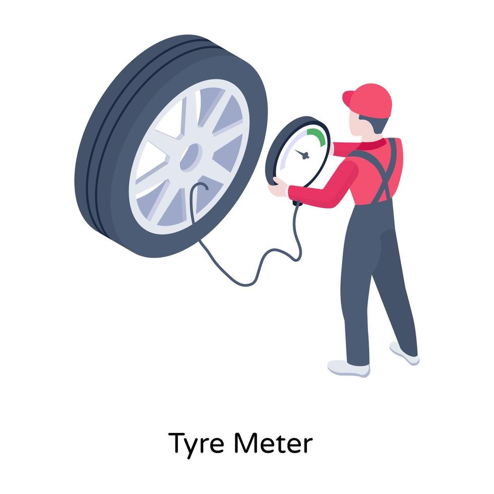 Mechanic checking tyre pressure, editable isometric icon vector