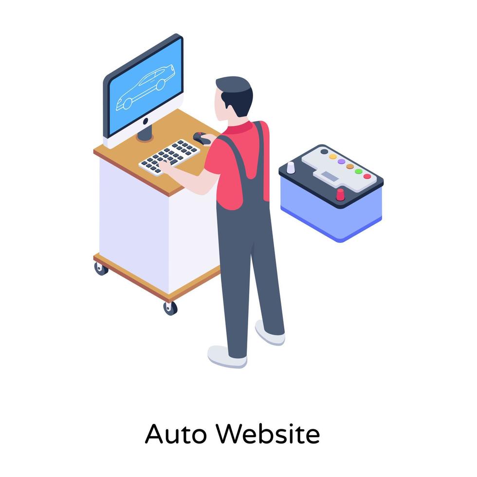 persona que supervisa el coche, icono isométrico del sitio web automático vector