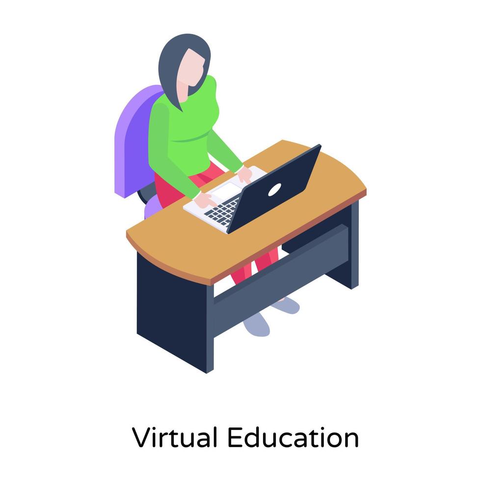 Lady working on work table, isometric icon of e-learning vector