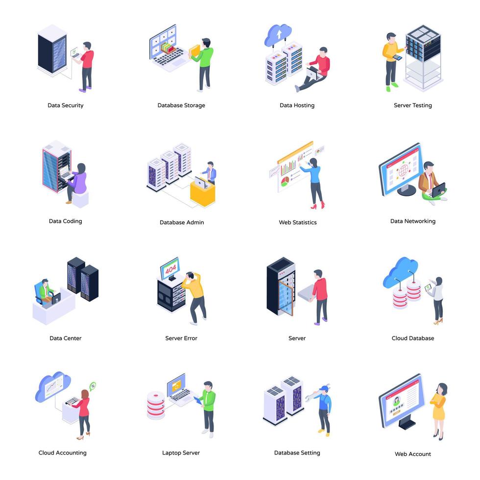 Collection of Data Services Isometric Icons vector