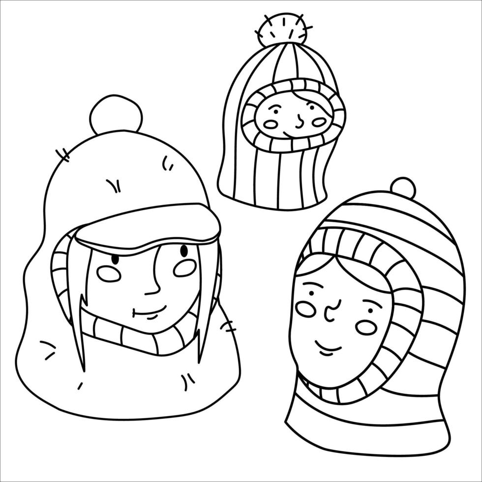 Girl in balaclava trendy knitted hat black and white line art vector design