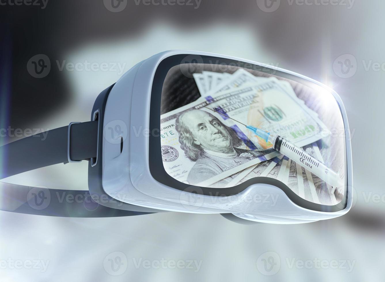 gafas de realidad virtual, negocios, tecnología, internet y concepto de red. cocaína, extracto de jeringa desechable de cuchara que representa la criptomoneda o el dinero digital. foto