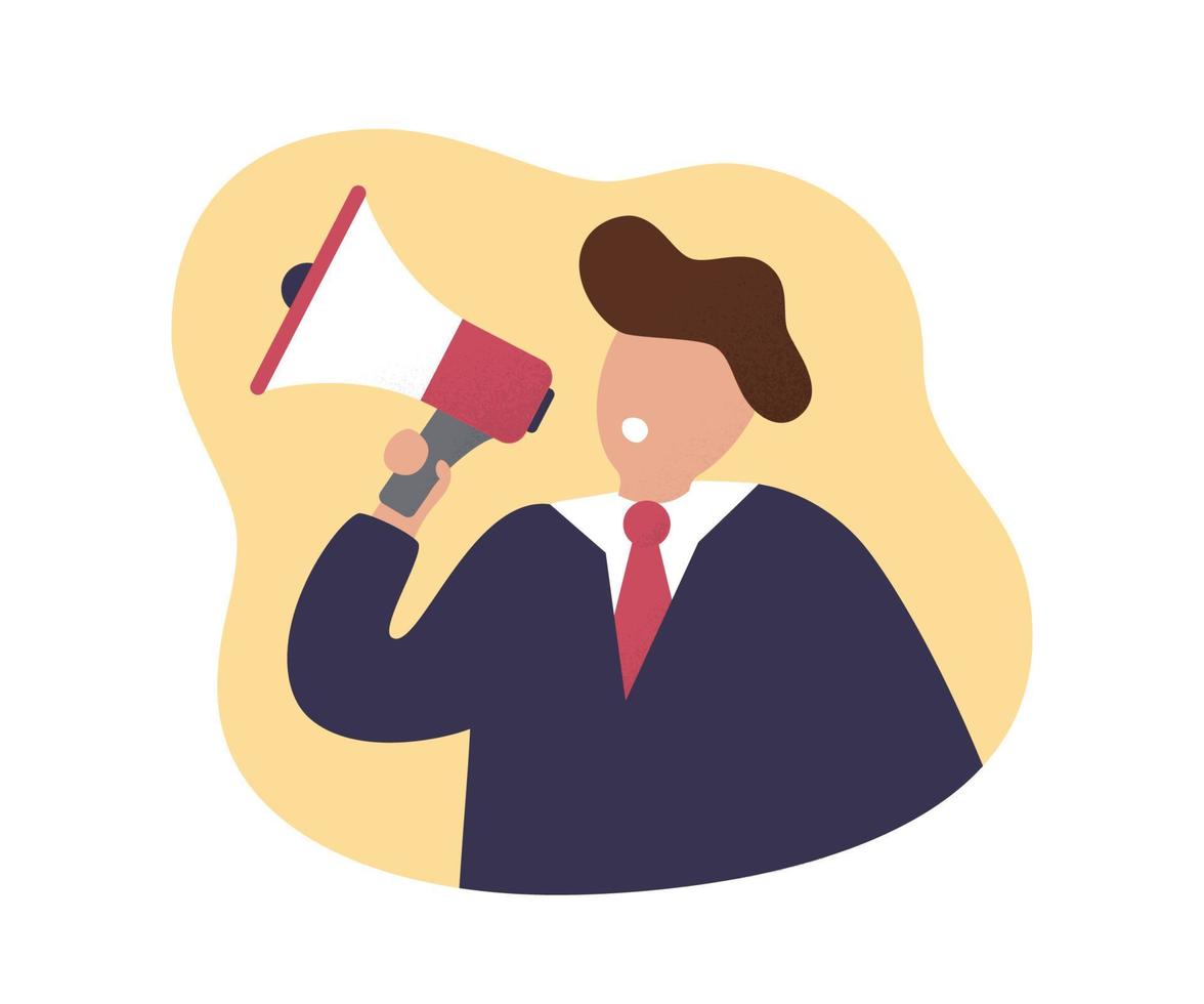 Business man with megaphone. The concept of loudspeaker advertising. Vector illustration isolated on white background