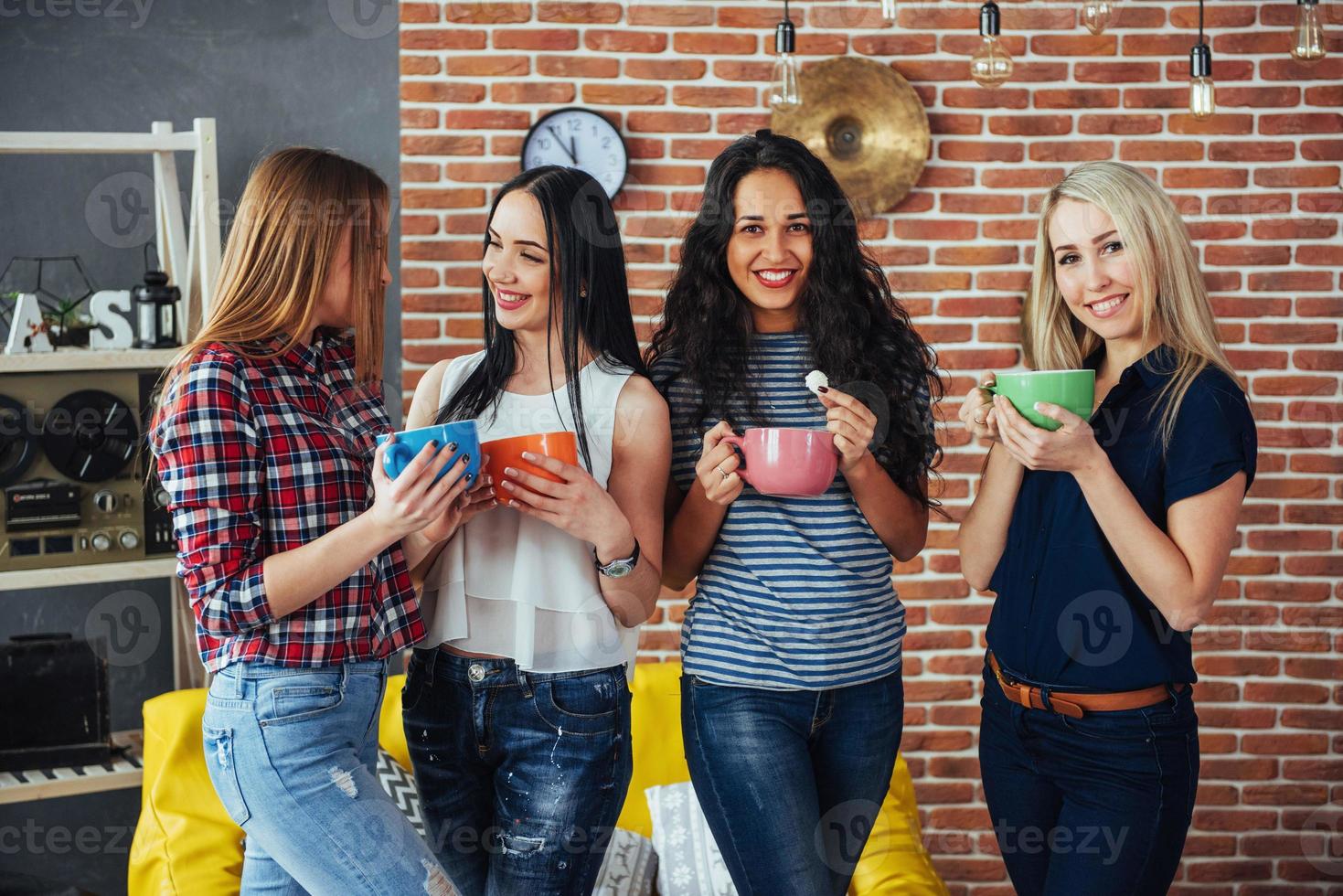 Group beautiful young people enjoying in conversation and drinking coffee, best friends girls together having fun, posing emotional lifestyle  concept photo