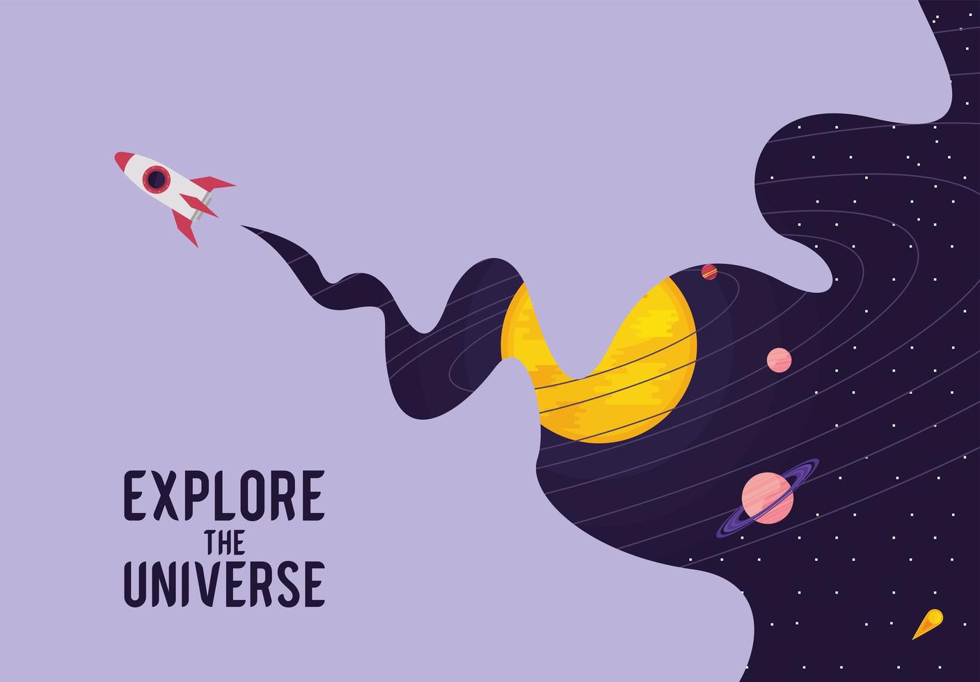 explore universe lettering with rocket vector