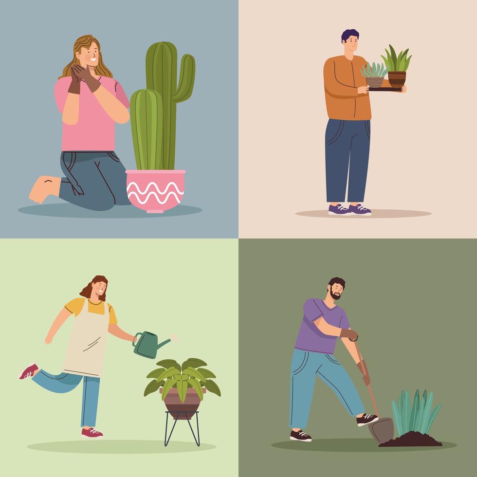 cuatro personajes trabajadores jardineros vector