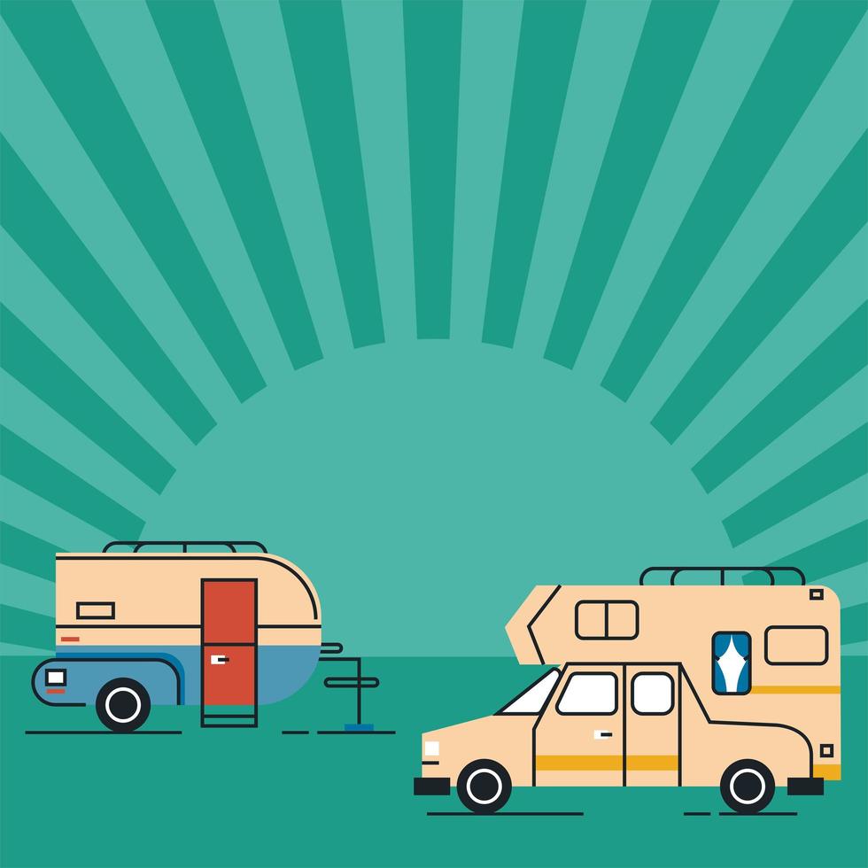 two campers in sunburst vector