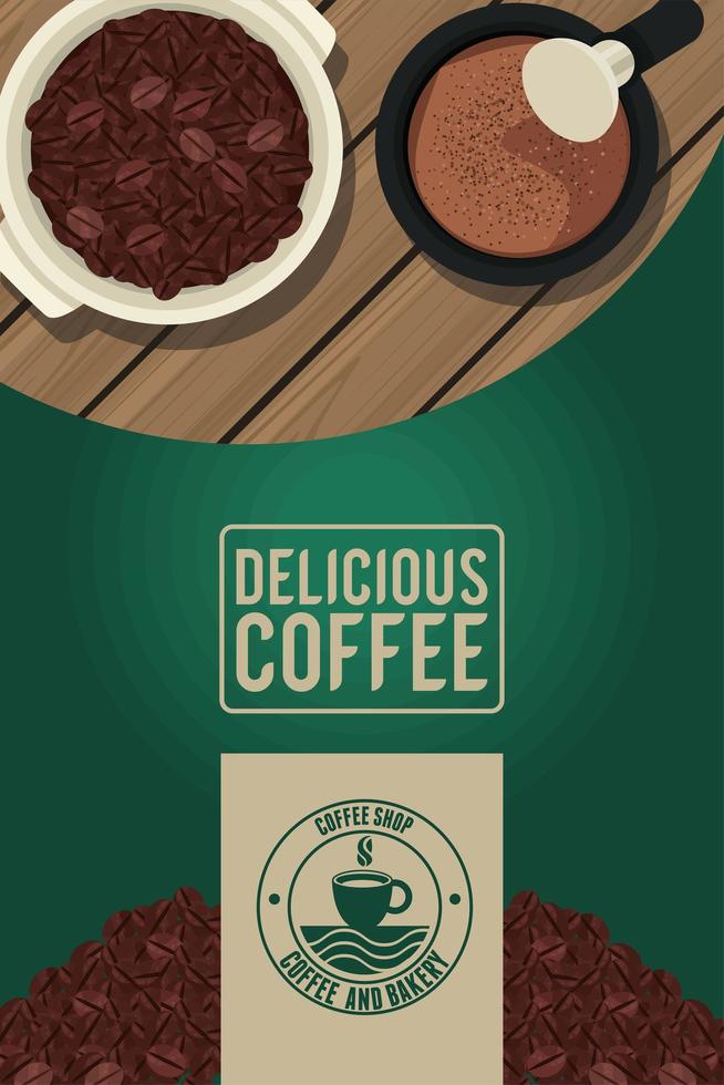 delicious coffee lettering with seeds vector