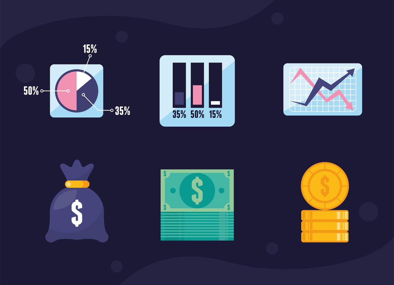 seis iconos de economía financiera vector