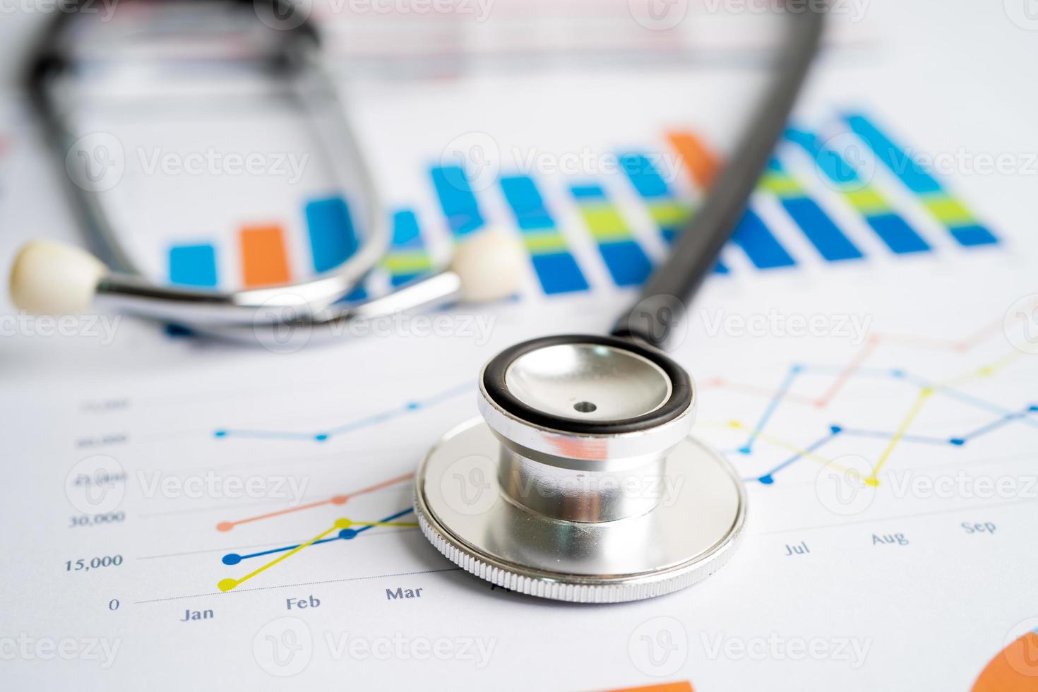 Stethoscope on charts and graphs paper, Finance, Account, Statistics, Investment, Analytic research data economy and Business company concept. photo