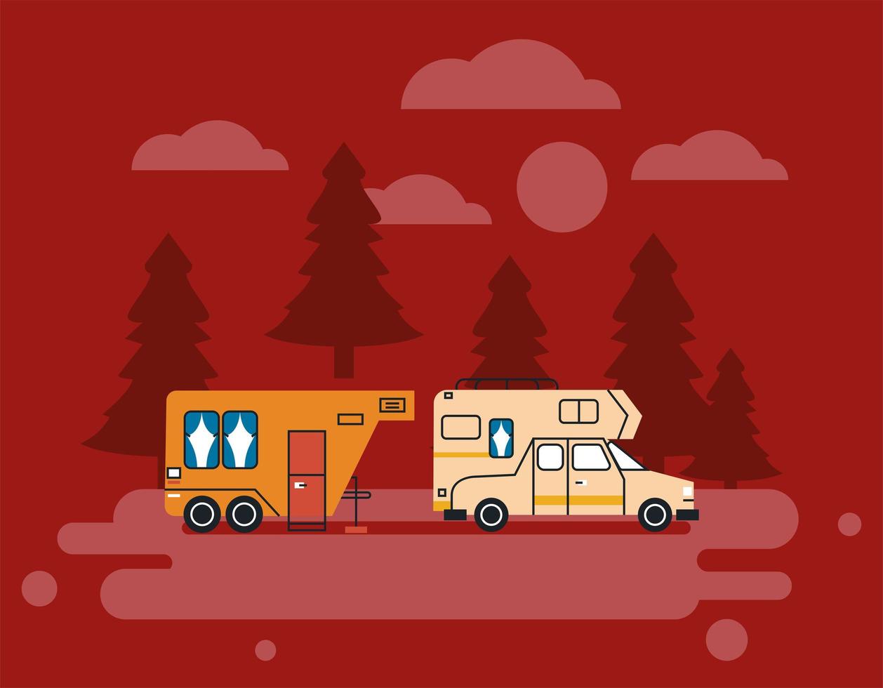 two campers in red landscape vector