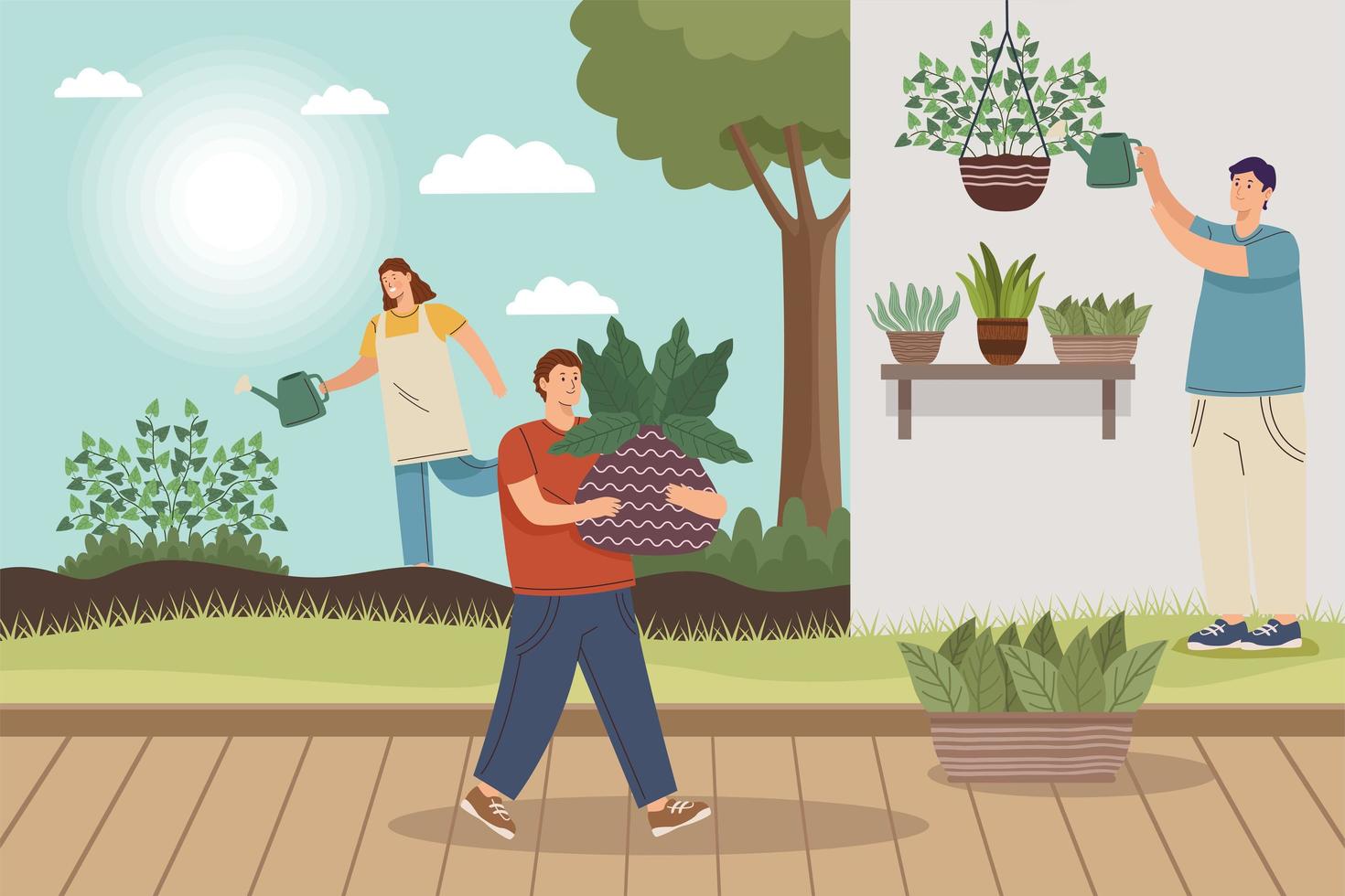 three gardeners working vector