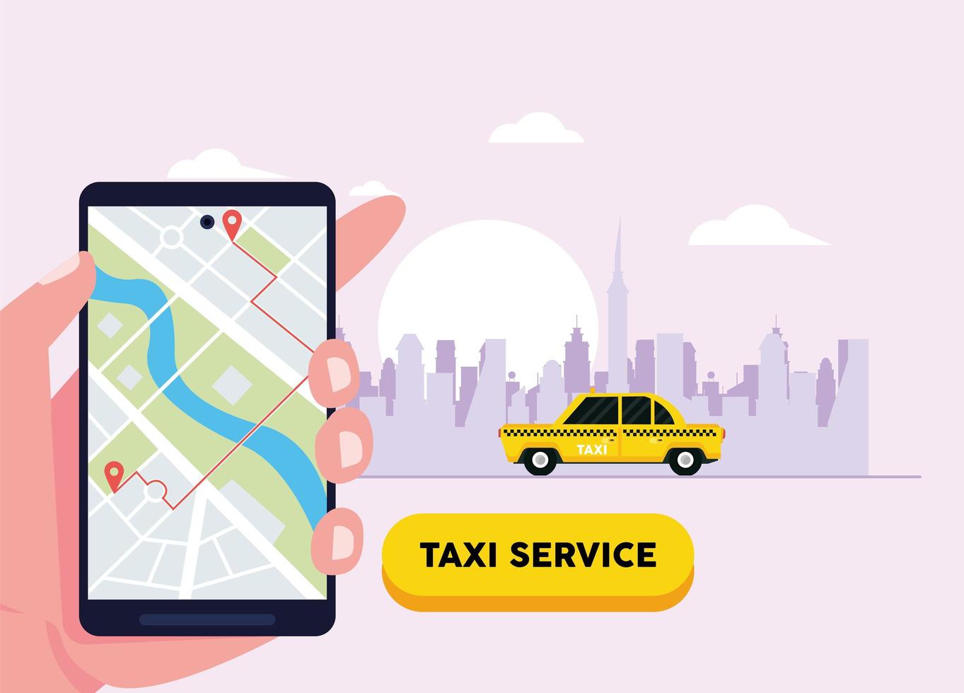 taxi y teléfono inteligente en la ciudad vector