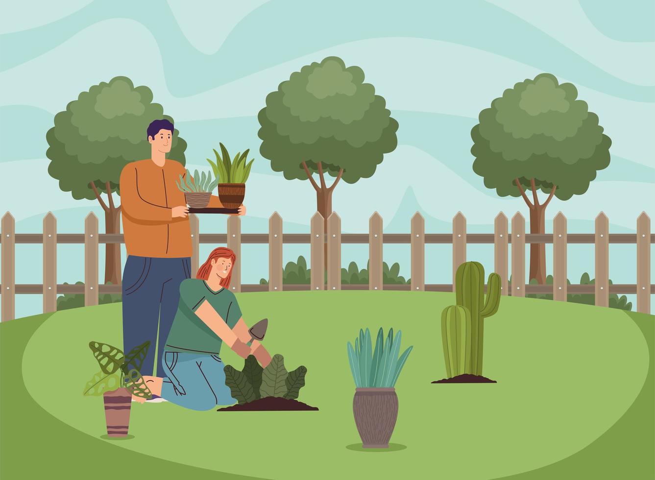 gardener couple planting vector