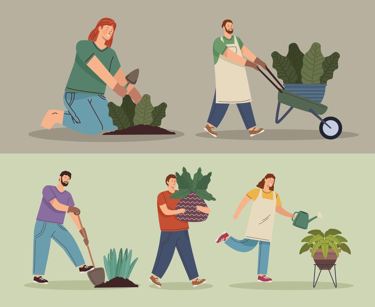 cinco personajes trabajadores jardineros vector