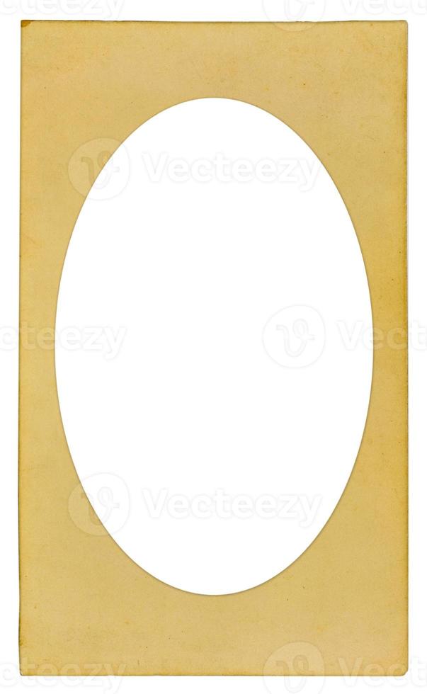Old cardboard photo frame with ellipse vignette and empty space inside isolated on white background. Mock up