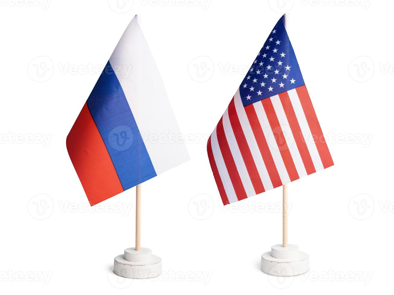 USA and Russia table flag side by side isolated on white background photo