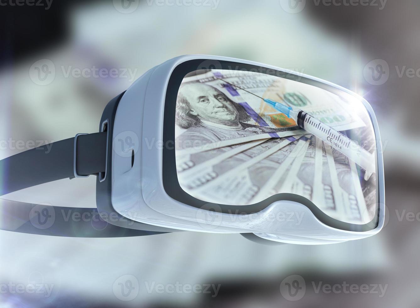 Virtual reality glasses, business, technology, internet and networking concept. Cocaine, spoon  disposable syringe abstract representing the cryptocurrency or digital money. photo