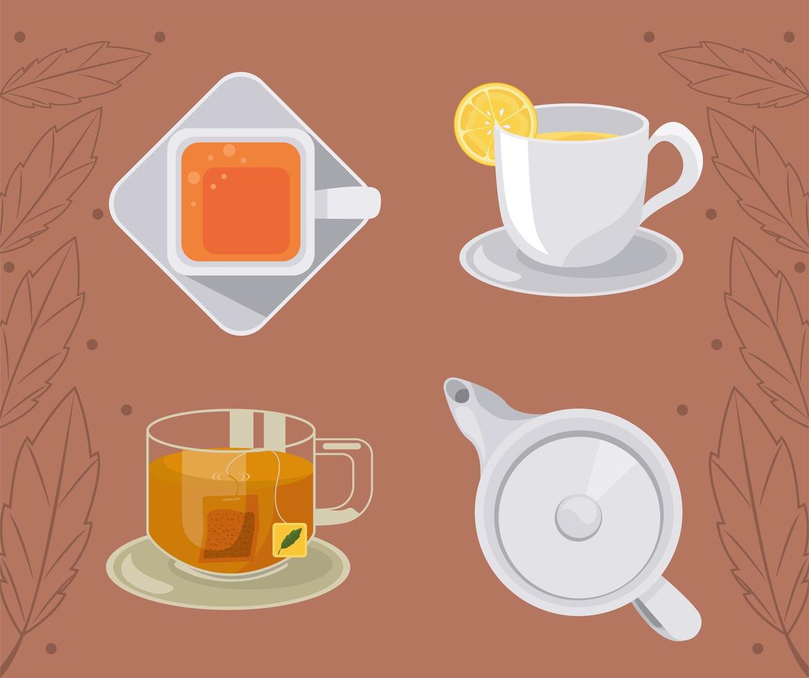 bebida de té cuatro iconos vector