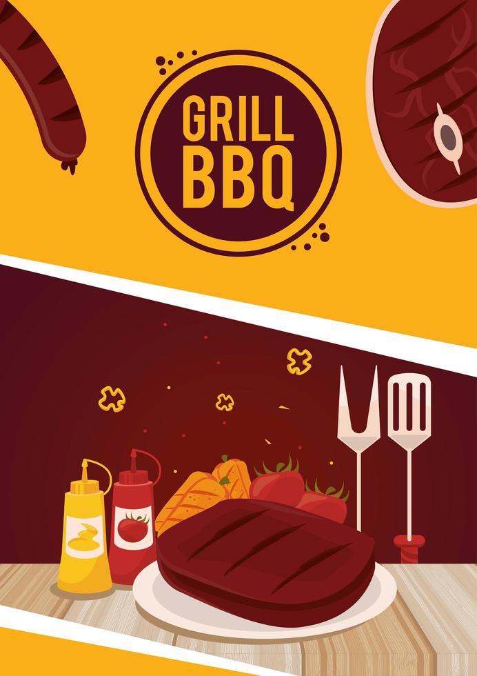 grill bbq lettering and food vector