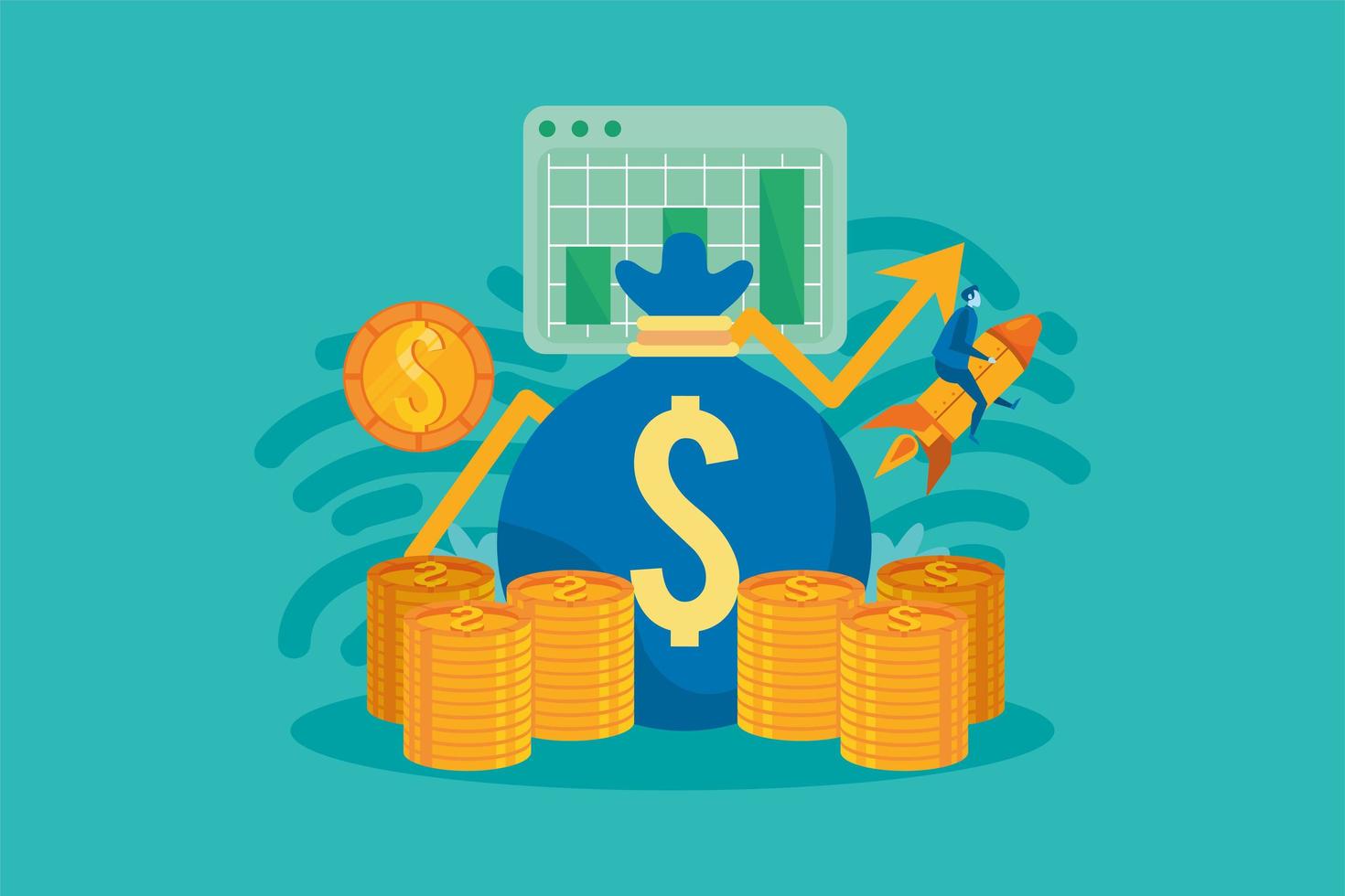 businessman in rocket and coins vector