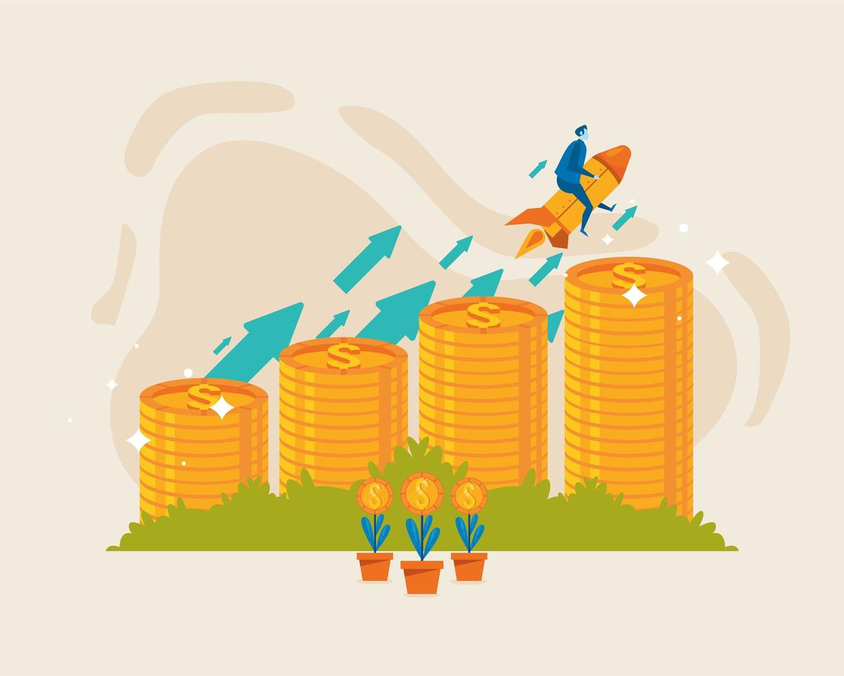 businessman flying and coins vector