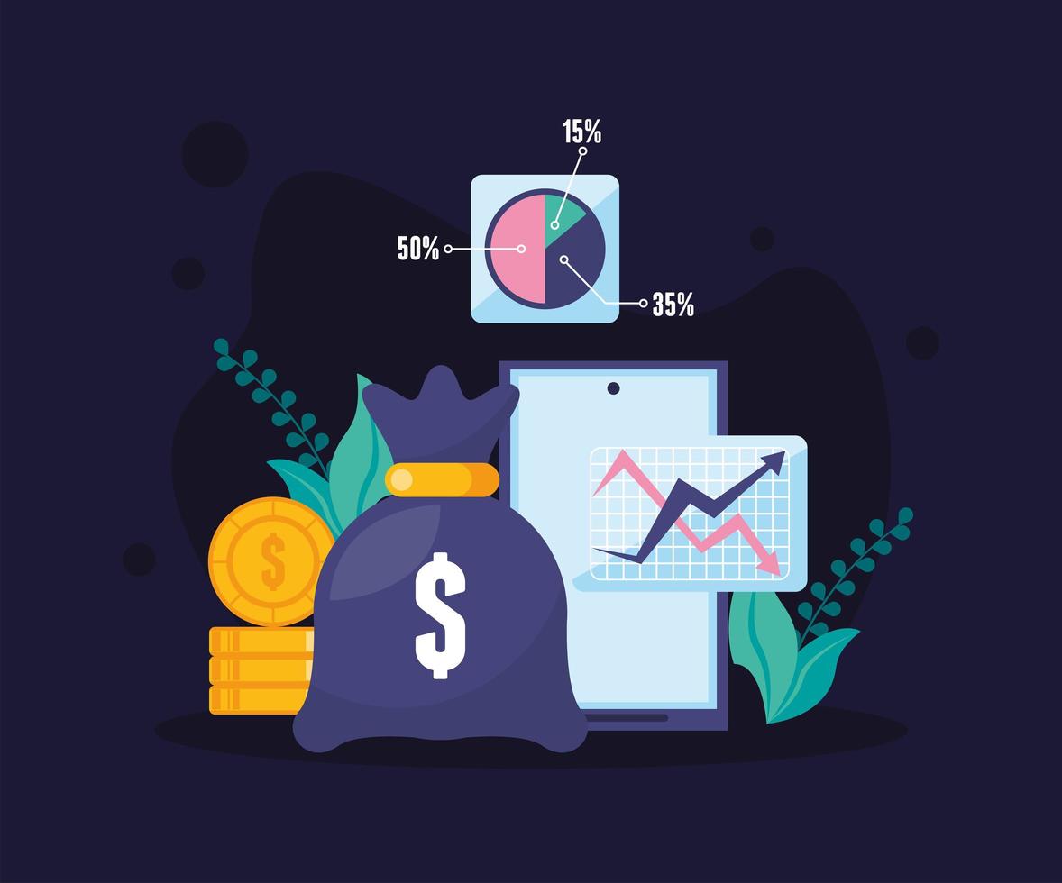 bolsa de dinero e iconos financieros vector