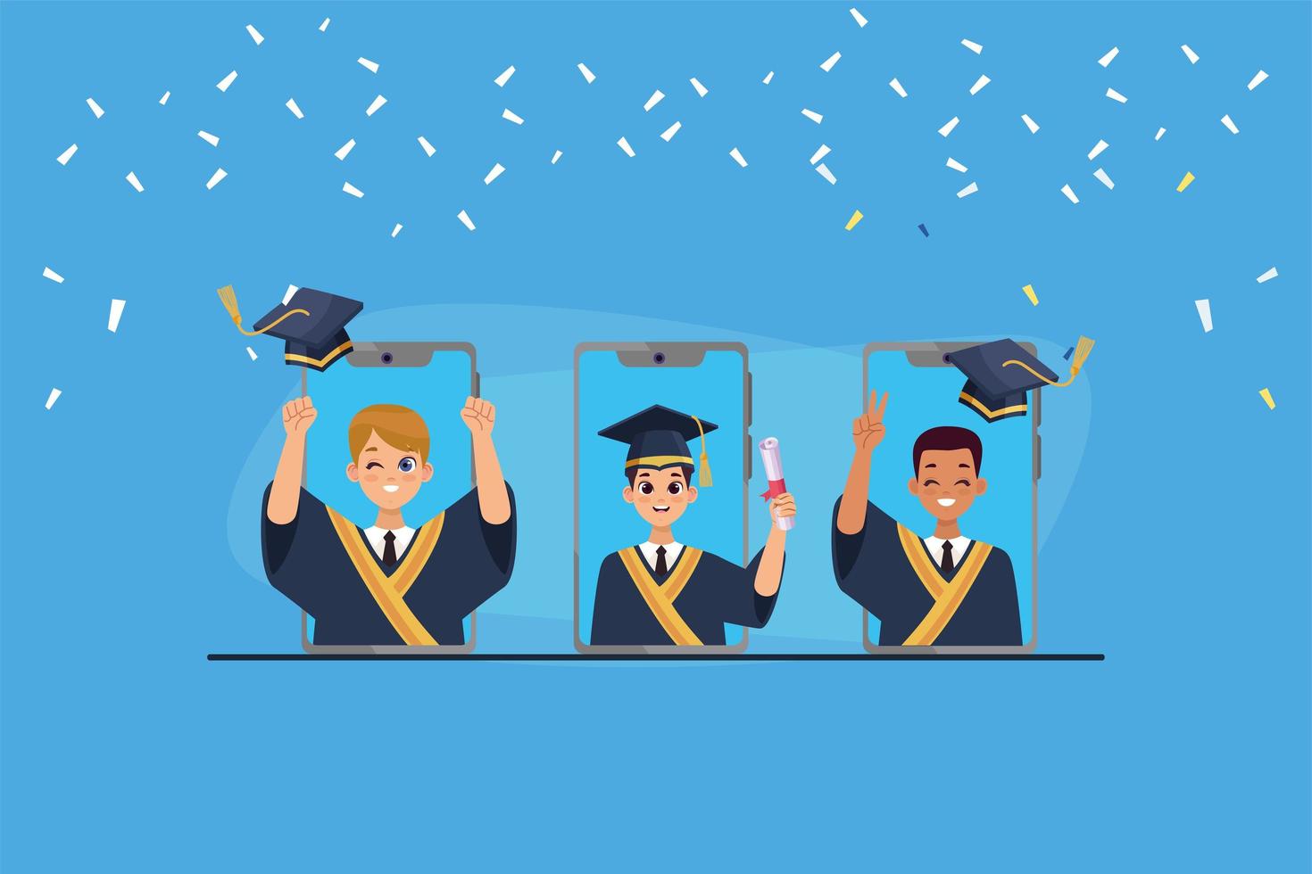 three graduates in smartphones vector