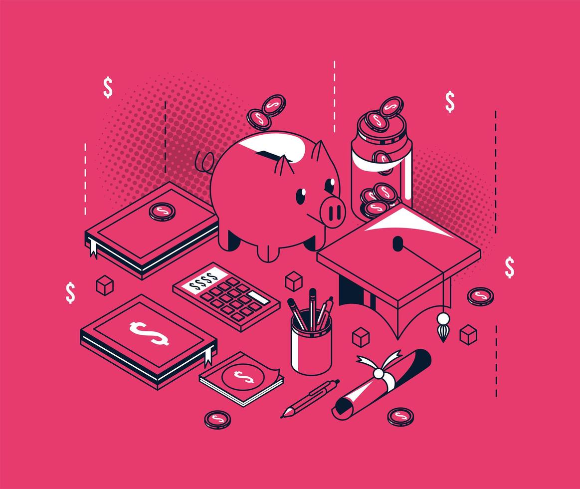 piggy savings with scholarship icons vector