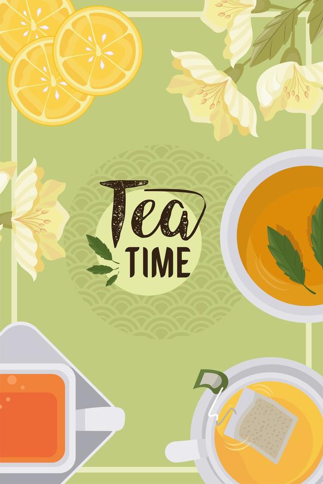 tea time lettering with oranges vector
