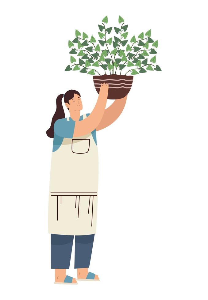 mujer jardinero levantando planta de interior vector