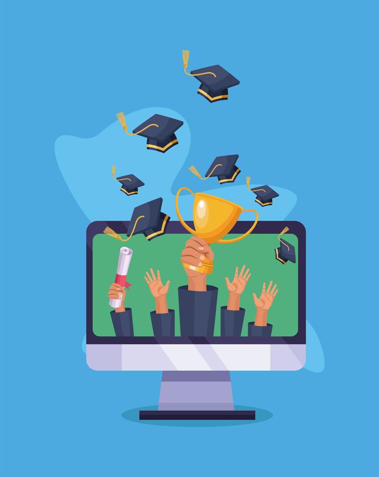 computer with graduates students hands vector