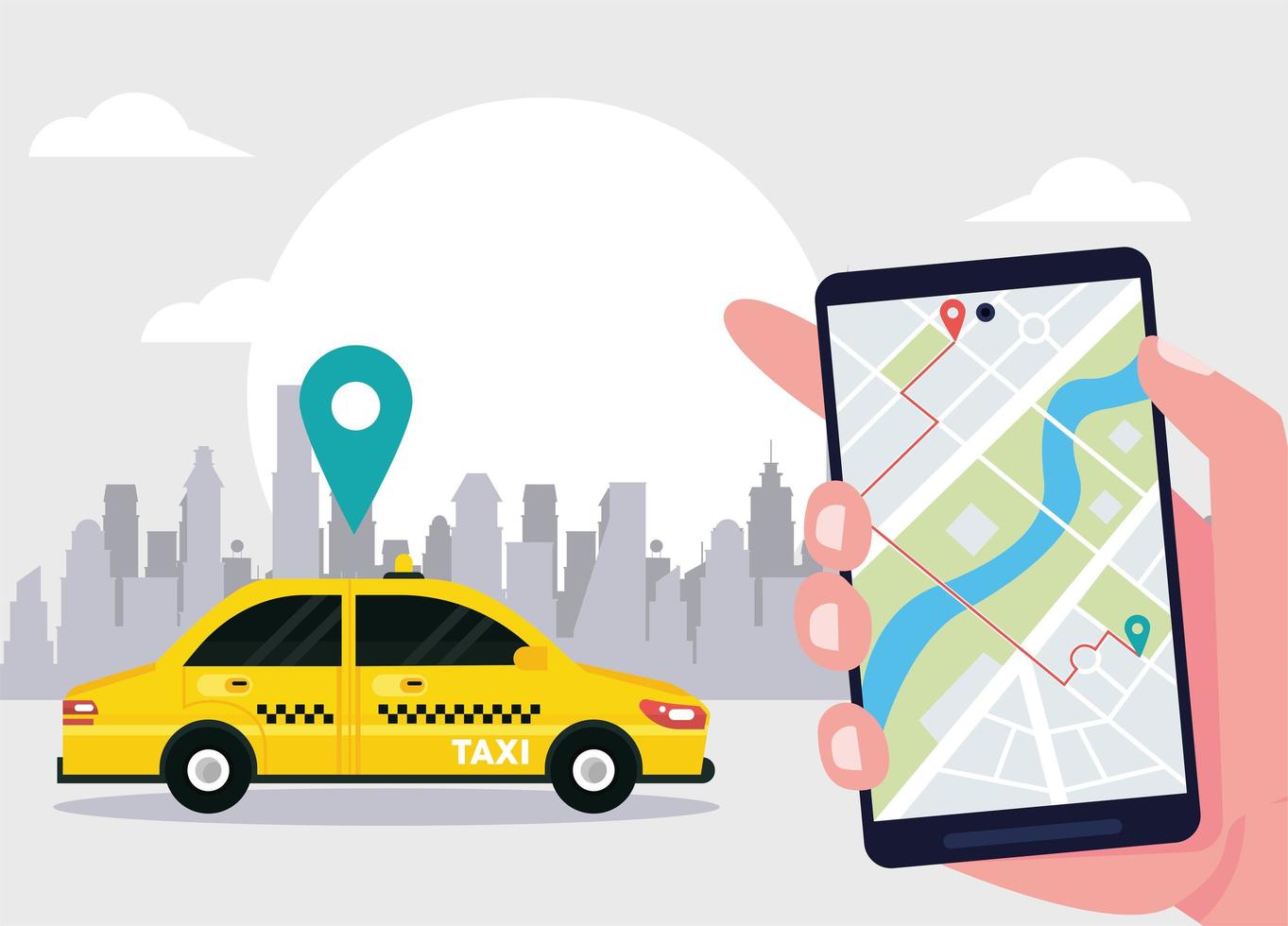hand with taxi online app vector