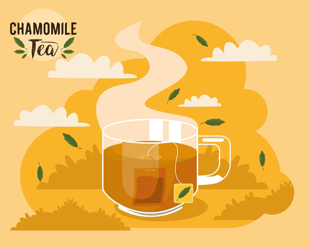 letras de té de manzanilla con vaso vector