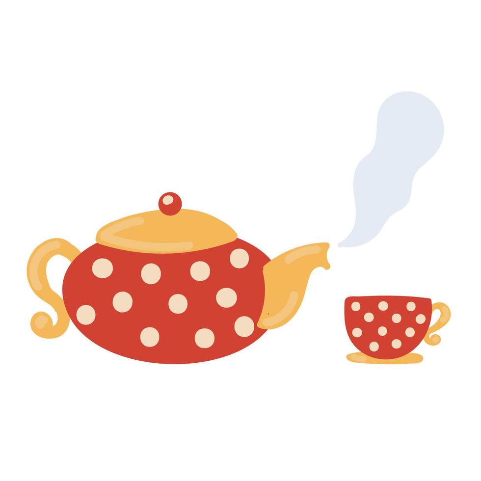 Teapot with hot steam and cup. Flat vector illustration isolated on white background.
