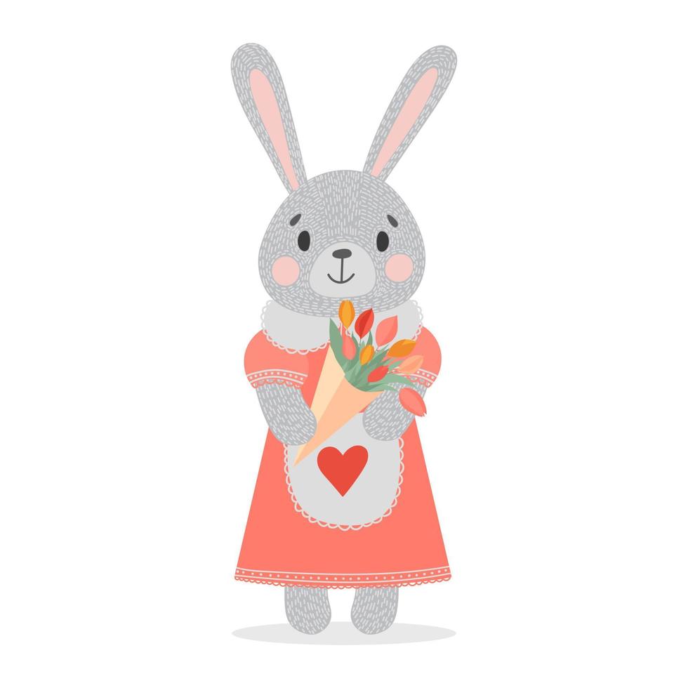 lindo conejo con un vestido rosa, con un ramo de tulipanes. vector