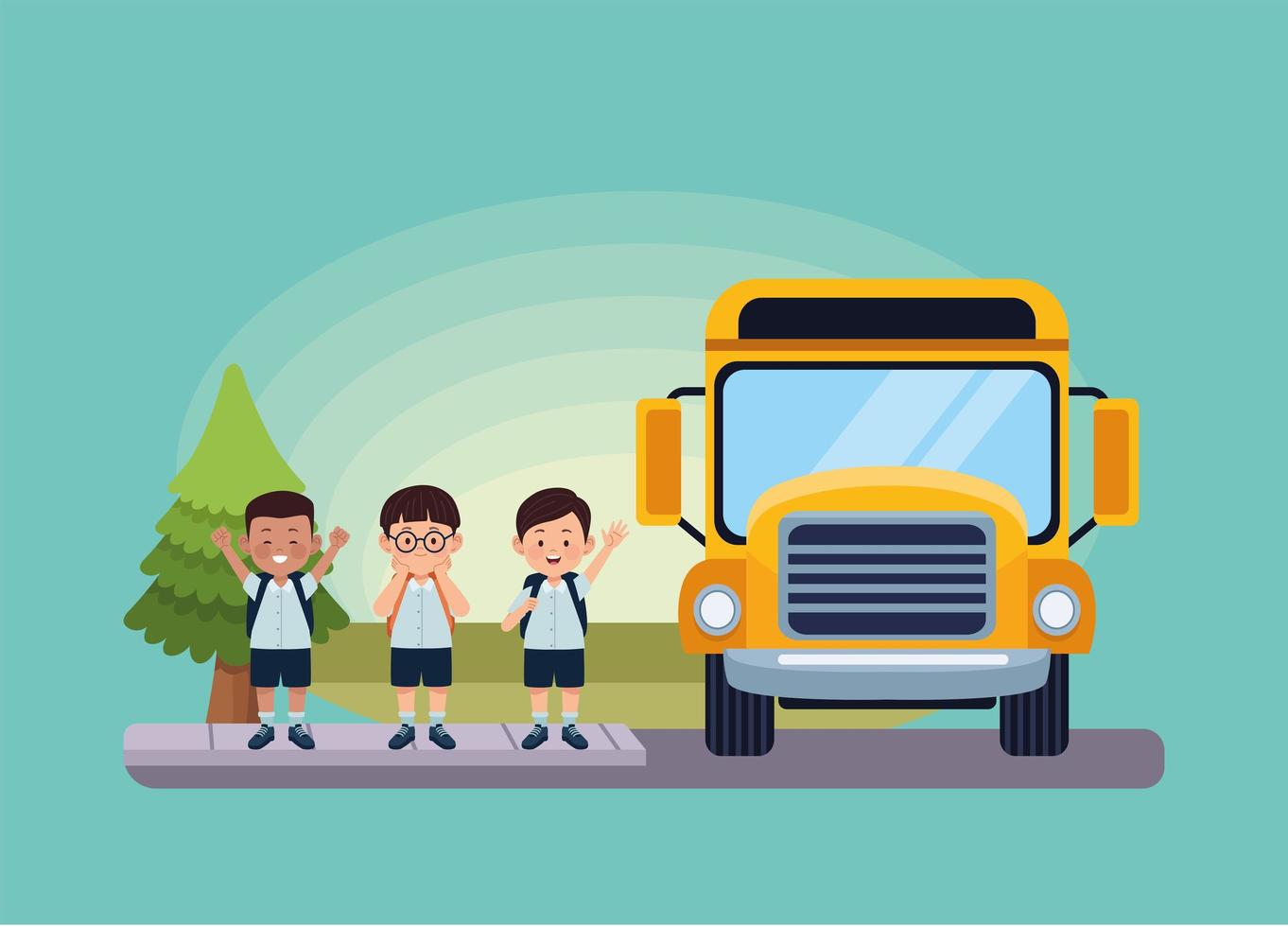 three students in bus stop vector